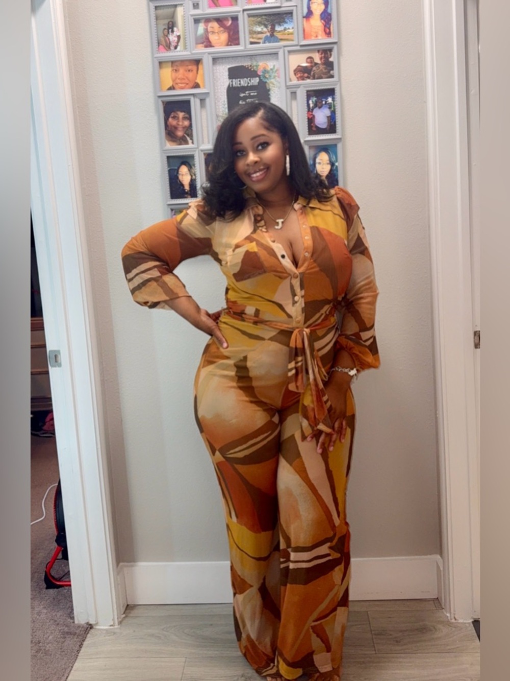 Fashion Nova Mustard Multi Abstract Wide-Leg Jumpsuit - Picture 3 of 4